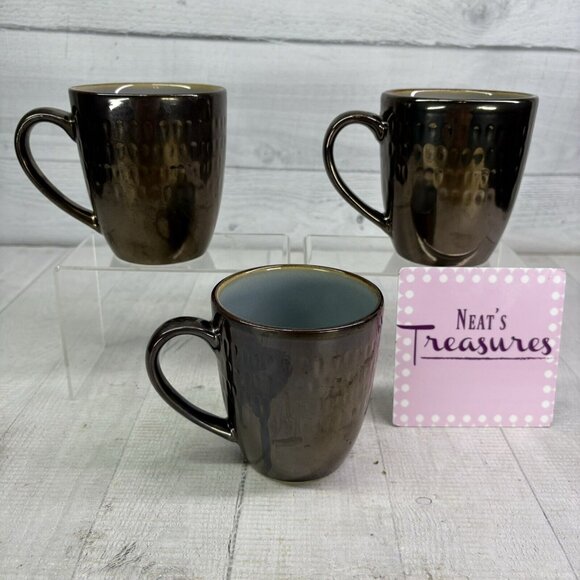 Food Network ANGELICA Light Blue Bronze Metallic 16oz Stoneware Cups Mugs Set 3